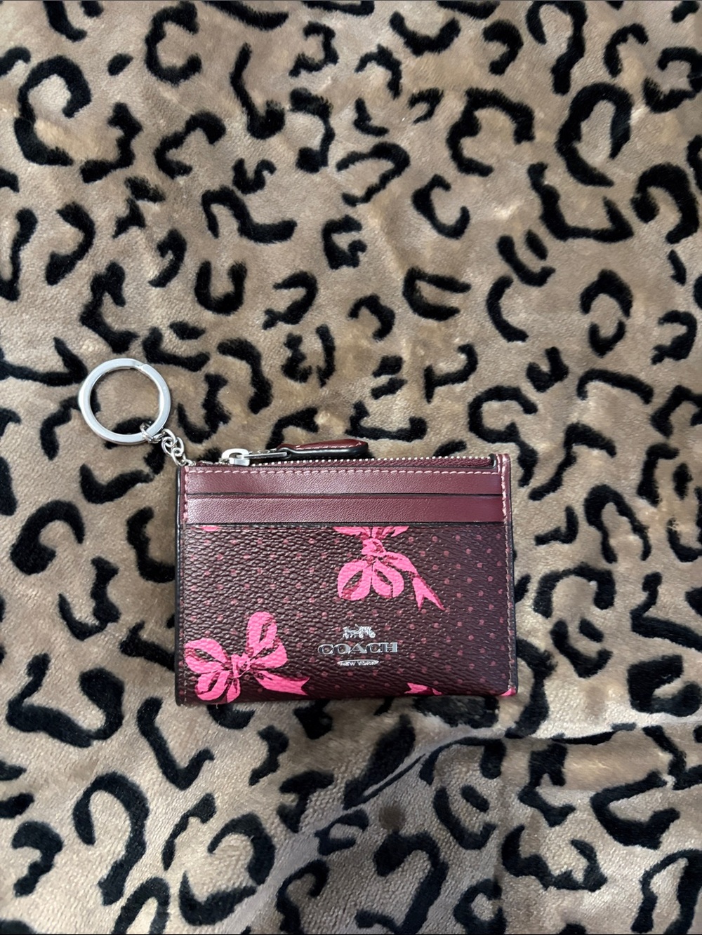 Coach Maroon & Pink Floral Key Card Holder with Key Ring